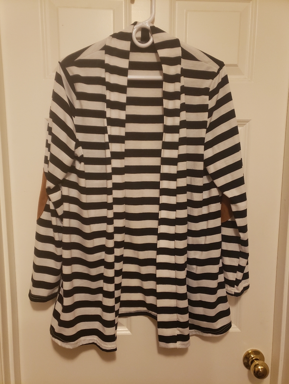 Striped Women’s Sweater Cardigan - Black & White W/ Brown Elbow Patch XXL